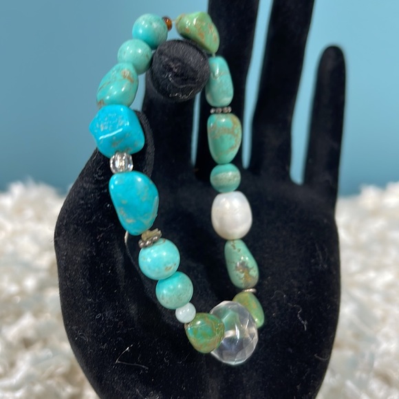 Peyote Bird 925 Silver Vintage Artisan Turquoise Pearl Stretch Bracelet - Picture 2 of 5